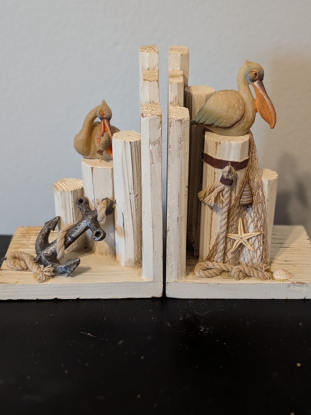 Nautical Theme Pelican Wooden Bookends in Weathered White and Tan